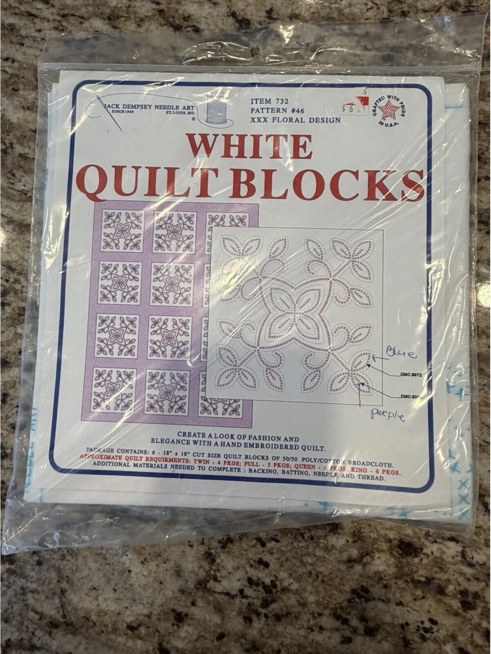 Vtg Jack Dempsey White Quilt Blocks 18” XXX Floral Design #46 New
